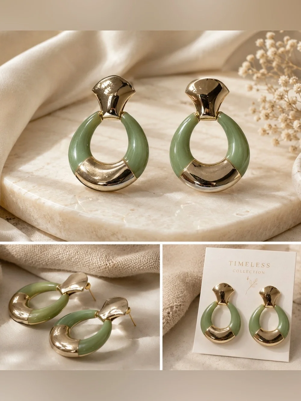 Retro Mint Green Enamel Gold Tone Earrings, 80’s inspired, geometric